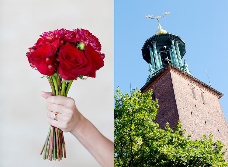 Vigsel i Stadshuset, Stockholm, röd brudbukett